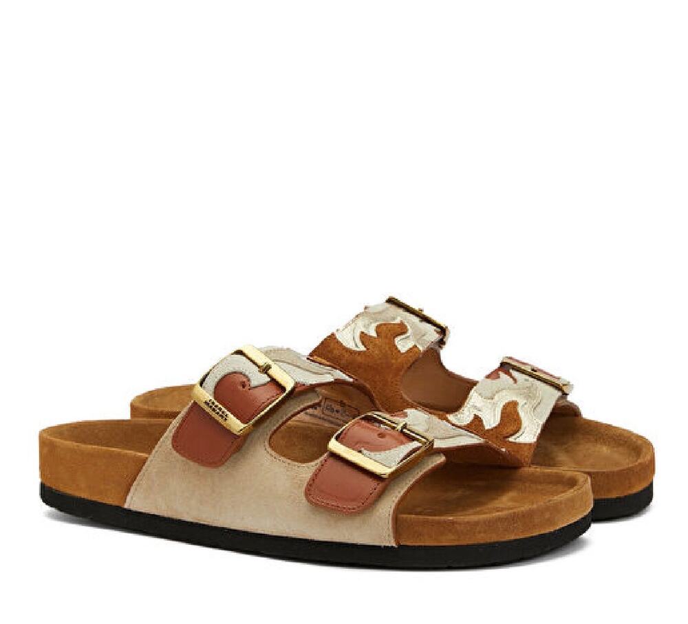 Isabel Marant Buckled Suede Slide Sandals Cream Brown Size 38